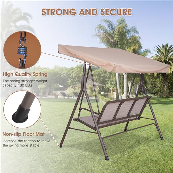 3 Person Outdoor Patio Swing,Steel Frame Textilene Seats Steel Frame Swing Chair,Beige