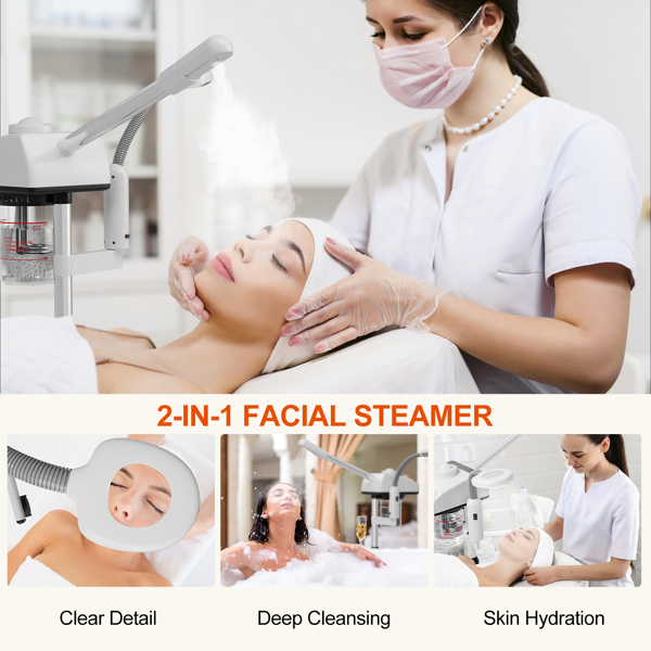 Professional Facial Steamer for Esthetician, 2 in 1 Rolling Facial Steamer with 5X Mag Lamp