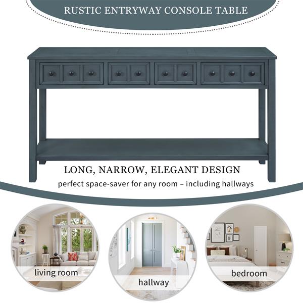 Rustic Entryway Console Table, 60" Long Sofa Table with two Different Size Drawers and Bottom Shelf for Storage (Navy)