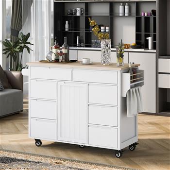 Kitchen Cart with Rubber Wood Countertop , Kitchen Island has 8 Handle-Free Drawers Including a Flatware Organizer and 5 Wheels for Kitchen Dinning Room, White