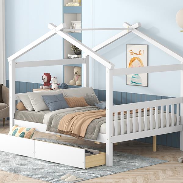 Full Size Wooden House Bed with Drawers, White