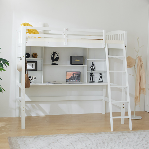 Loft bed with shelf with desk inclined ladder white twin wooden bed pine particle board N101 USA