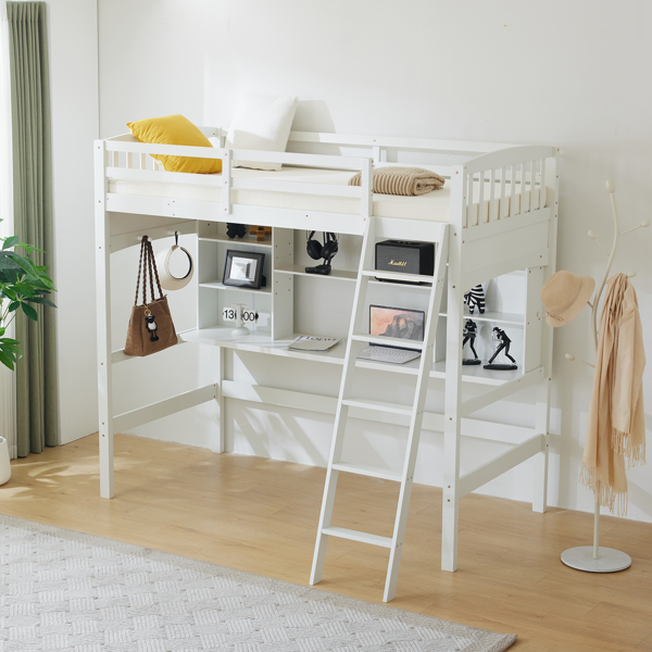 Loft bed with shelf with desk inclined ladder white twin wooden bed pine particle board N101 USA