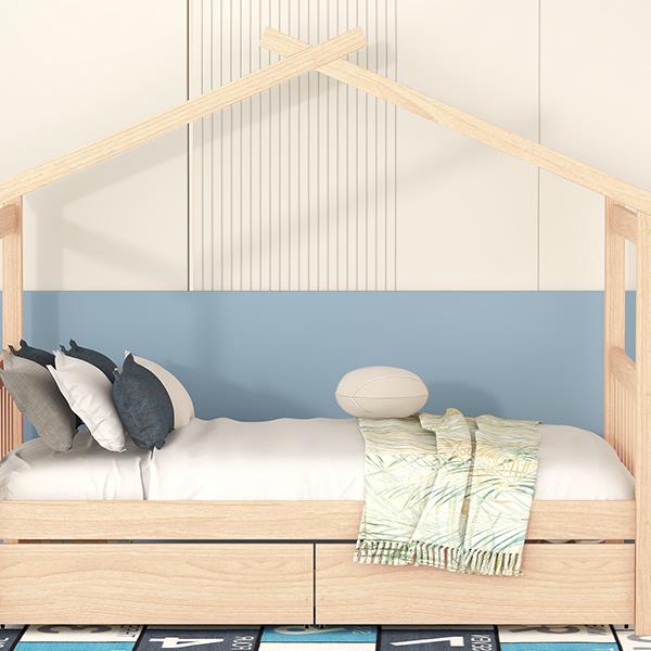 Twin Size Wooden House Bed with Drawers, Natural