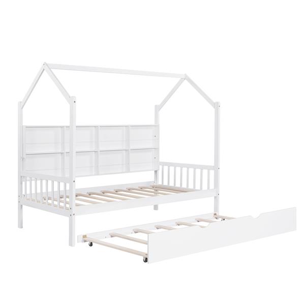 Wooden Twin Size House Bed with Trundle,Kids Bed with Shelf, White