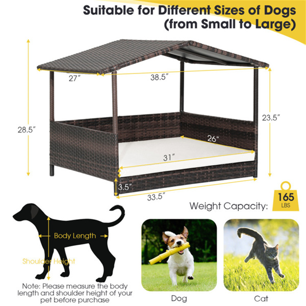 Dog House Outdoor with Canopy, Rattan Dog Bed with Water-resistant Cushion,
