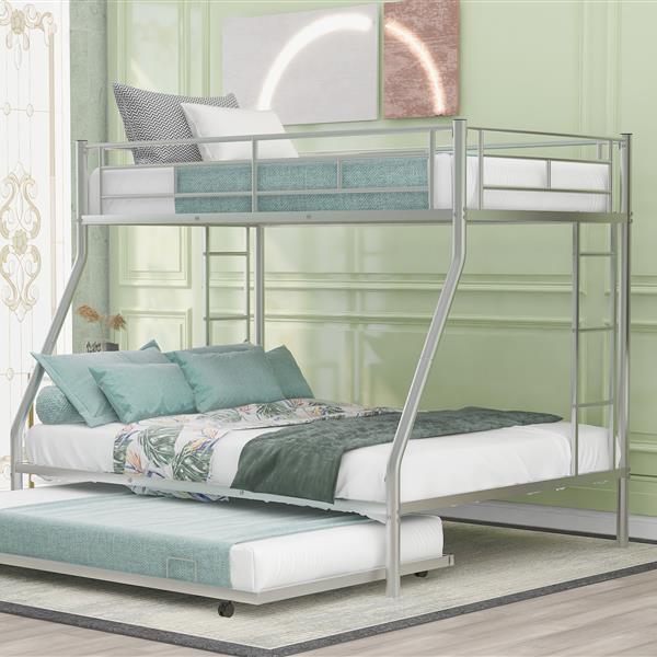 Twin over Full Bed with Sturdy Steel Frame, Bunk Bed with Twin Size Trundle, Two-Side Ladders, Silver