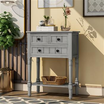 Narrow Console Table, Slim Sofa Table with Three Storage Drawers and Bottom Shelf for Living Room, Easy Assembly (Gray Wash)