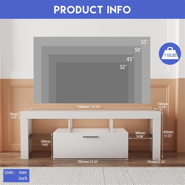 FashionTVstandTVcabinet,EntertainmentCenter,TVstationTV console,media console,with LEDlight belt,light belt remote control,toughenedglassshelf,metal handle,Canbeplaced in the living room,bedroom,white