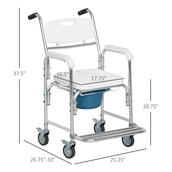 Shower Commode Wheelchair,  Waterproof Rolling Over Toilet Chair with Padded Seat