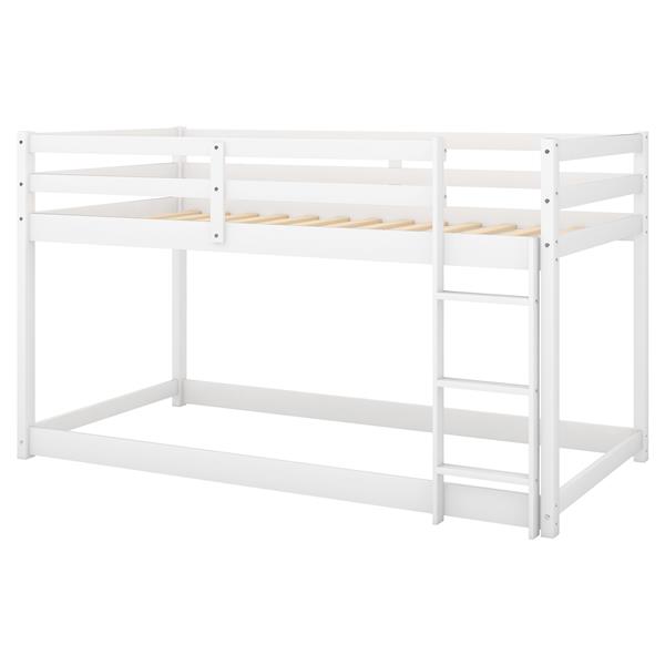 Twin over Twin Floor Bunk Bed with Ladder , White