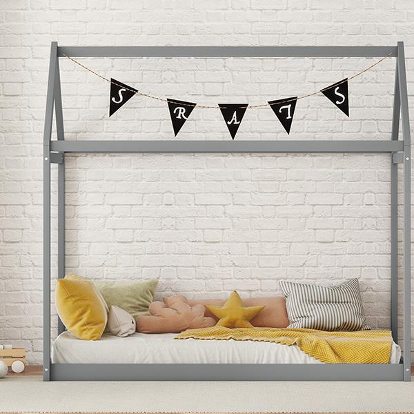 Twin Size Wooden House Bed, Gray