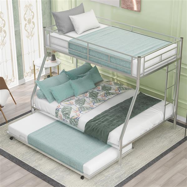 Twin over Full Bed with Sturdy Steel Frame, Bunk Bed with Twin Size Trundle, Two-Side Ladders, Silver