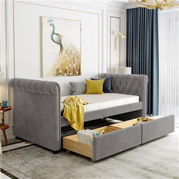 Twin Size Upholstered daybed with Drawers, Wood Slat Support, Gray