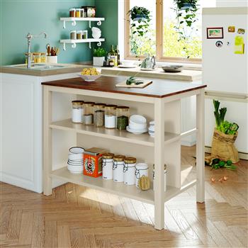 Solid Wood Rustic 45\\" Stationary Kitchen Island, Rubber Wood Butcher Block Dining Table Prep Table with 2 Open Shelves for Small Places,Walnut+Cream White