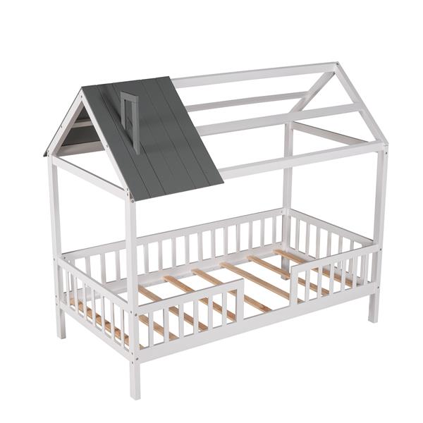 Twin Size Wood House Bed with Fence, White+Gray