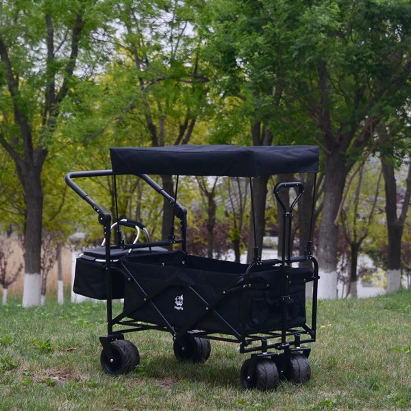 Collapsible Wagon Heavy Duty Folding Wagon Cart with Removable Canopy, 4" Wide Large All Terrain Wheels, Brake, Adjustable Handles,Cooler Bag Utility Carts for Outdoor Garden Wagons Carts Beach Cart