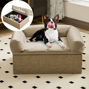 Luxury Dog Sofa Bed Soft Velvet Pet Couch with Storage Box Removable&Washable Fancy Dog Couch for Small Medium Dogs, Cats, Small Animals (Khaki) （禁售Temu！！！）