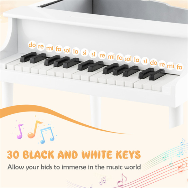 White Kids Piano 30-Key Wood Toy Kids Grand Piano with Bench and Music Rack