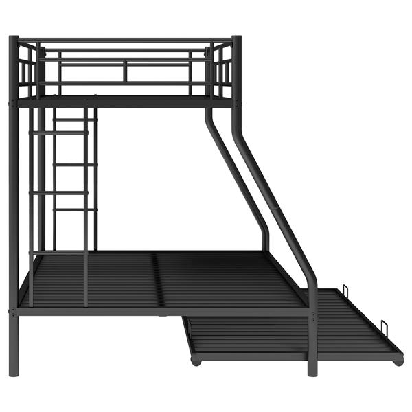 Twin over Full Bed with Sturdy Steel Frame, Bunk Bed with Twin Size Trundle, Two-Side Ladders, Black