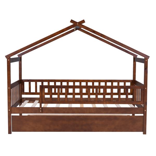 Twin Size Wooden House Bed with Twin Size Trundle, Walnut