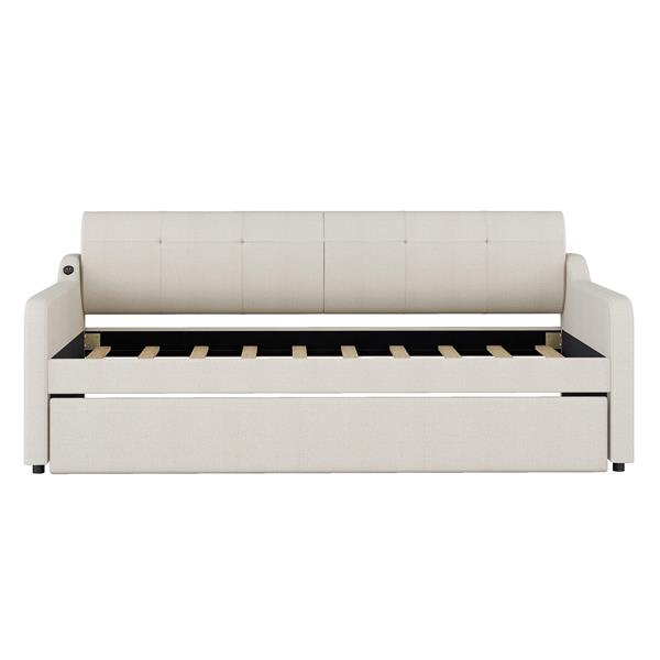 Twin Size Upholstery Daybed with Trundle and USB Charging Design,Trundle can be flat or erected,Beige