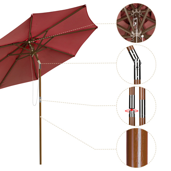 9ft Wooden Umbrella, Outdoor Patio Umbrella, Wood Market Umbrella, Patio Umbrella Wood Pole with Pulley Lift for Garden, Yard, Deck, Pool, Market - RED（No shipments on weekends）