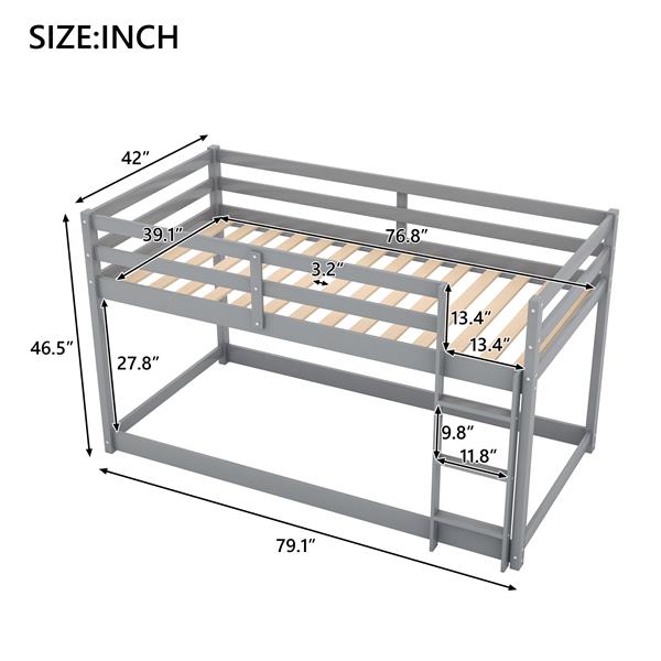 Twin over Twin Floor Bunk Bed with Ladder , Gray