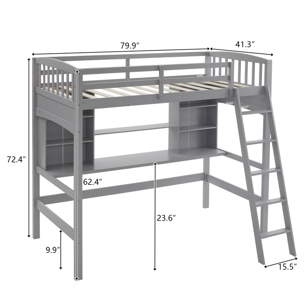 Loft bed with shelf with desk inclined ladder gray twin wooden bed pine particle board