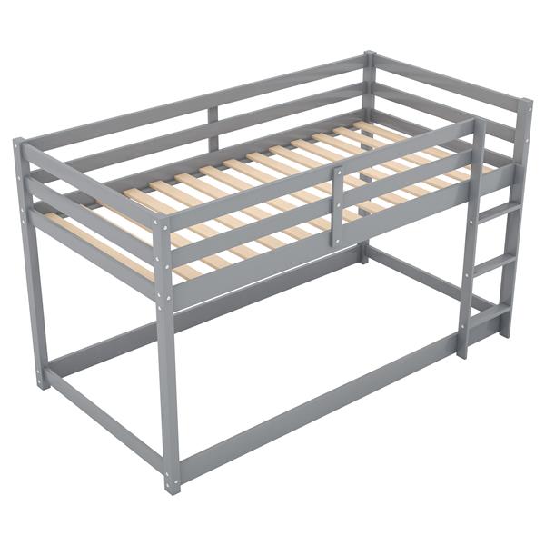 Twin over Twin Floor Bunk Bed with Ladder , Gray