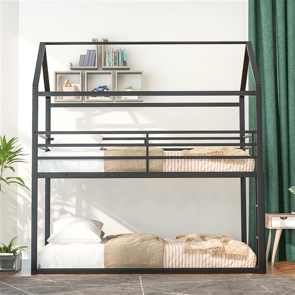 Bunk Beds for Kids Twin over Twin,House Bunk Bed Metal Bed Frame Built-in Ladder,No Box Spring Needed Black