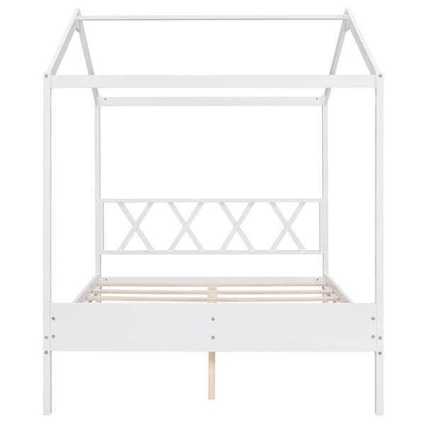 Full Size Wood House Bed with Storage Space, White