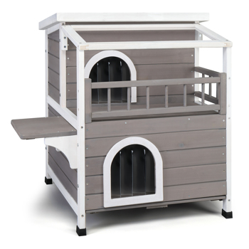  Wooden Cat house 2-Story Indoor Outdoor Luxurious Cat Shelter House with Transparent Canopy, Large Balcony, Openable Weatherproof Roof,Double escape door, Grey&White