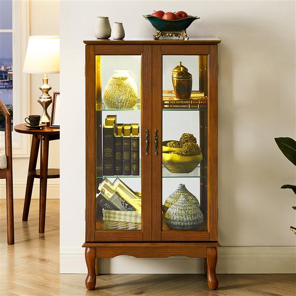 Curio Cabinet Lighted Curio Diapaly Cabinet with Adjustable Shelves and Mirrored Back Panel, Tempered Glass Doors (Oak, 3 Tier), (E26 light bulb not included)