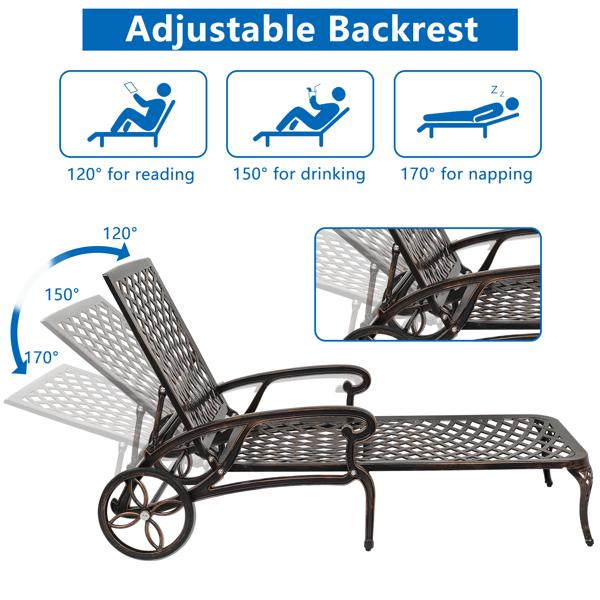 【Replace 60810204】193*64.5*93cm Backrest Adjustable Courtyard Cast Aluminum Lying Bed Bronze