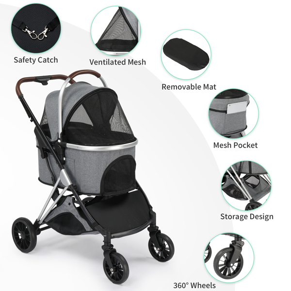 Pet Stroller 3 in 1, Folding Lightweight Dog Stroller with Detachable Carrier & Storage Basket, 4 Wheels Travel Stroller for Puppies Doggies Kitties, Grey