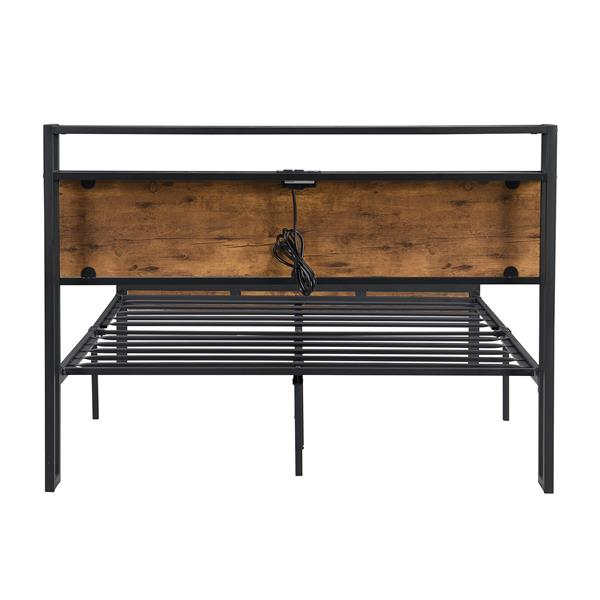 Queen Size  Metal Platform Bed Frame with Wooden Headboard and Footboard with USB LINER, No Box Spring Needed, Large Under Bed Storage, Easy Assemble