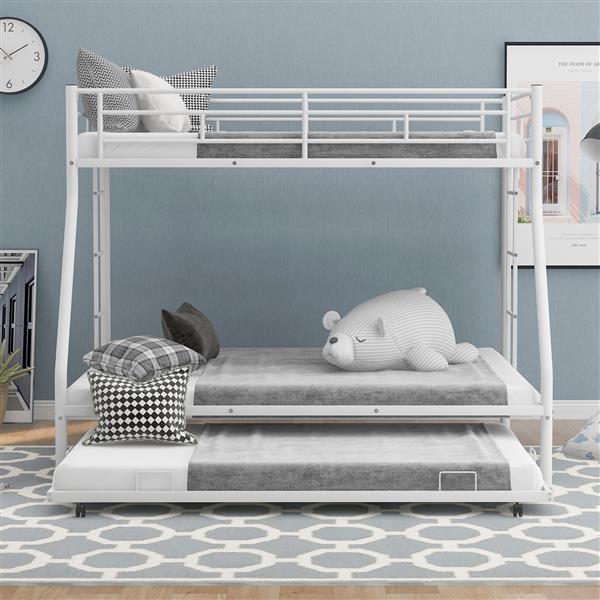 Twin over Full Bed with Sturdy Steel Frame, Bunk Bed with Twin Size Trundle, Two-Side Ladders, White