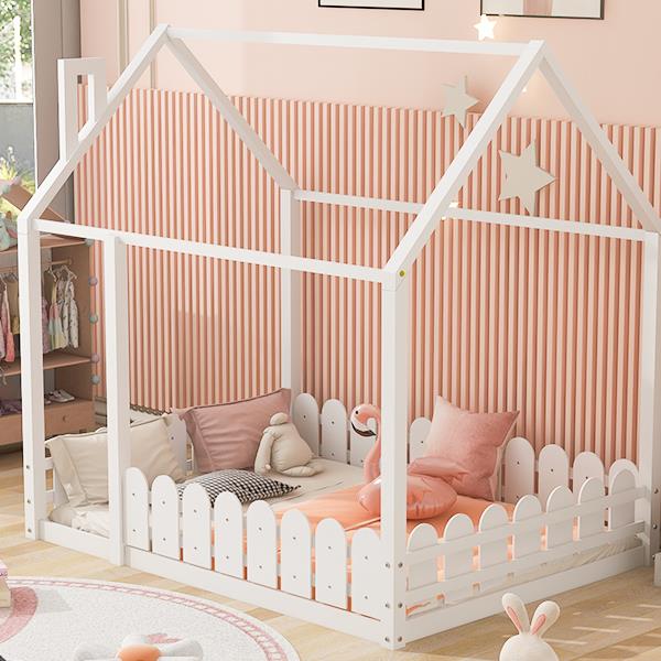 (Slats are not included) Full Size Wood Bed House Bed Frame with Fence,for Kids,Teens,Girls,Boys (White )