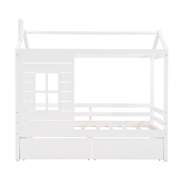 Twin Size House Bed Wood Bed with Two Drawers ( White )