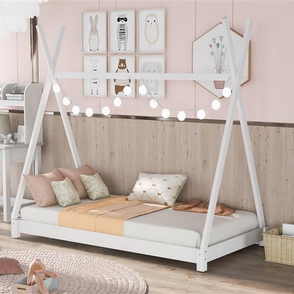 Twin Size House Platform Bed with Triangle tructure,White