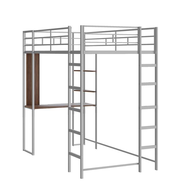 Twin Metal Loft Bed with 2 Shelves and one Desk ,Silver