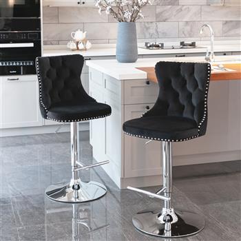 Furniture,Swivel Velvet Barstools Adjusatble Seat Height from 25-33 Inch, Modern Upholstered Chrome base Bar Stools with Backs Comfortable Tufted for Home Pub and Kitchen Island（Black,Set of 2）