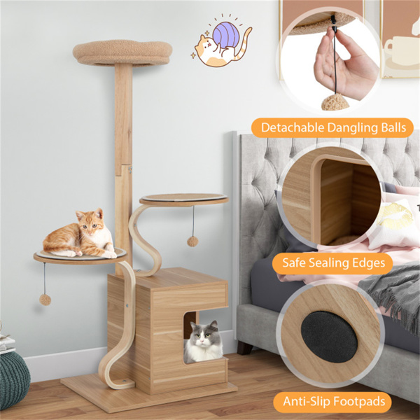 Wooden Cat Tree Cat Tower with Condo and Washable Cushions