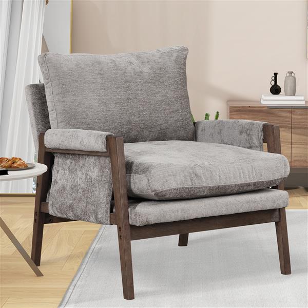 Mid-Century Modern Velvet Leisure Chair with Solid Wood and Thick Seat Cushion for Living Room,Bedroom,Studio,Grey