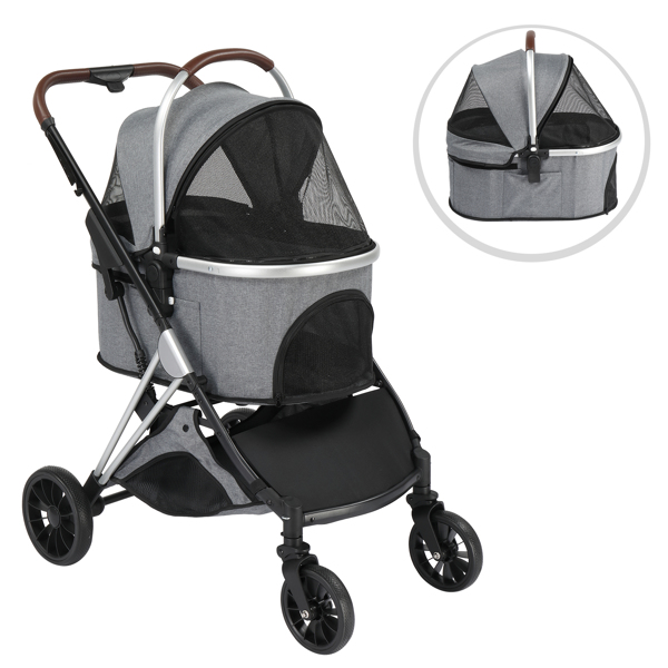 Pet Stroller 3 in 1, Folding Lightweight Dog Stroller with Detachable Carrier & Storage Basket, 4 Wheels Travel Stroller for Puppies Doggies Kitties, Grey