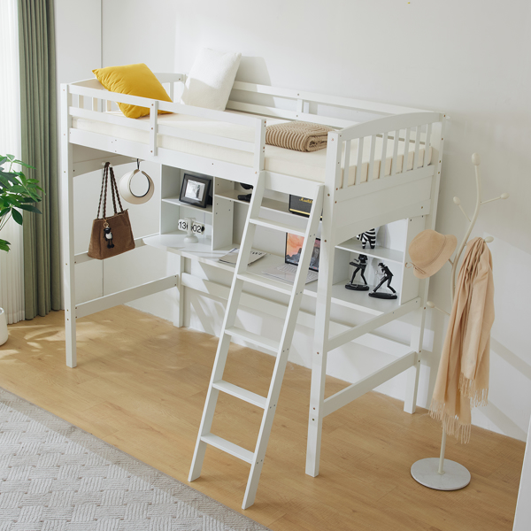 Loft bed with shelf with desk inclined ladder white twin wooden bed pine particle board N101 USA