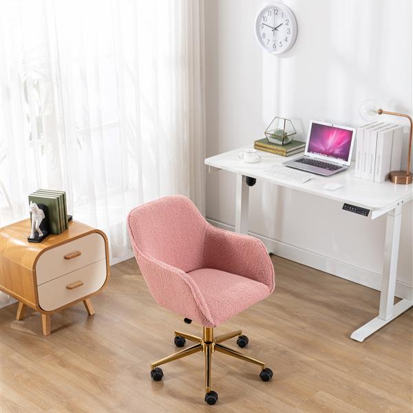 Modern Teddy Fabric Material Adjustable Height 360 Revolving Home Office Chair With Gold Metal Legs And Universal Wheel For Indoor,Pink