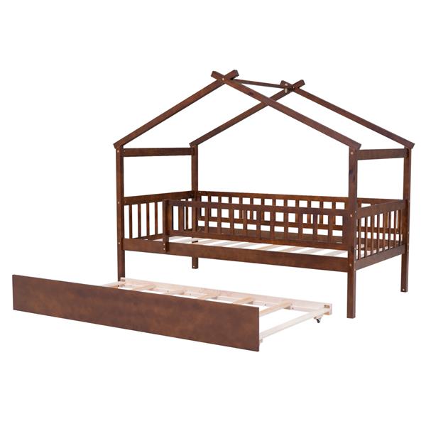 Twin Size Wooden House Bed with Twin Size Trundle, Walnut