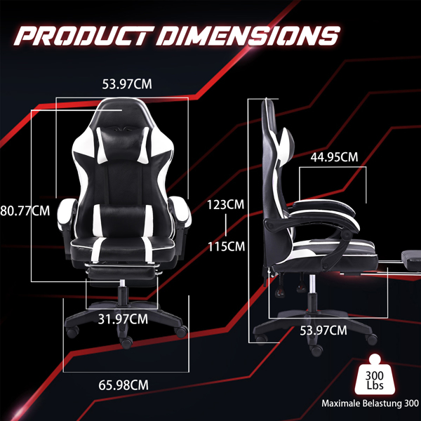 带脚踏板的人体工学游戏椅，适合体重较重人士使用的舒适电脑椅，可调节腰靠背办公椅，带 360° 旋转座椅，成人用 PU 皮革游戏椅，白色-4